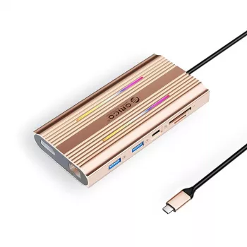 ORICO XDR 12-w-1 Stacja dokująca USB-C z RGB, 2x HDMI 4K 60Hz, DisplayPort 4K 60Hz, Gigabit Ethernet, 100W PD, czytnik SD/microSD - Rose Gold