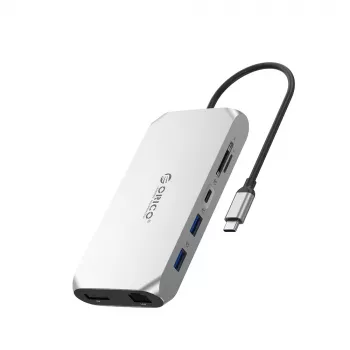 ORICO XCR 12-w-1 Stacja dokująca USB-C, 2x USB-A 3.1, 1x USB-A 2.0, 1x USB-C PD 100W, 1x USB-C 3.1, 2x HDMI 2.0 4K 60Hz, 1x DisplayPort 1.4 4K 60Hz, SD/microSD 3.0, RJ45 Gigabit Ethernet, 3.5mm Audio CTIA, Srebrny