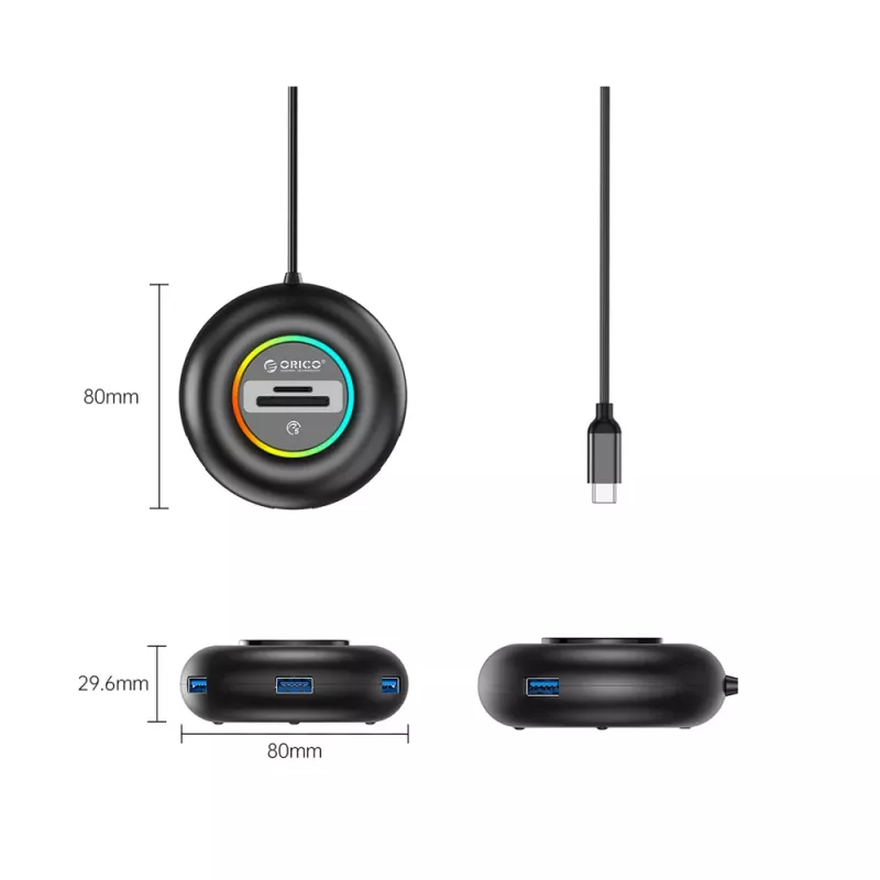 ORICO YXR5-C3 RGB 4-Port USB-A 3.0 Hub z czytnikiem kart SD i microSD, kabel 1,8 m, czarny