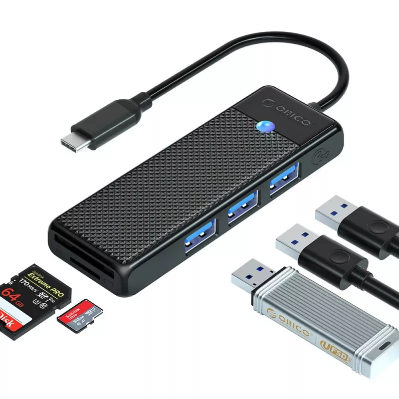 ORICO PAPW3AT-U3 4-Port USB 3.0 Hub z czytnikiem SD/MicroSD, kabel 1,8 m, czarny