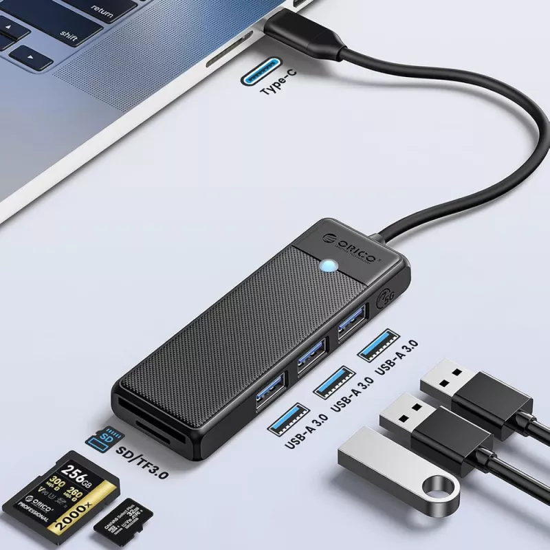 ORICO PAPW3AT-U3 4-Port USB 3.0 Hub z czytnikiem SD/MicroSD, kabel 1,8 m, czarny