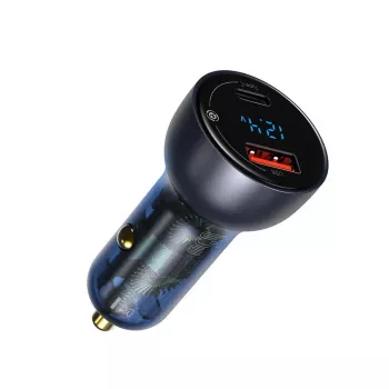 Ładowarka samochodowa Baseus Particular z wyświetlaczem cyfrowym, USB-C + USB-A, QC3.0+PD, 65W, szary