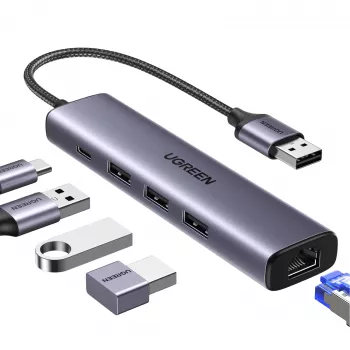UGREEN 5-in-1 USB-A Hub do 3x USB 3.0 + RJ45 + USB-C (Srebrny)