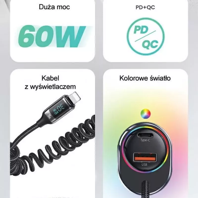 USAMS C37 Car Charger 60W 1xUSB-A + 1xUSB-C PD+QC Fast Charge z kablem Lightning 30W Czarny CC193CC01 (US-CC193)