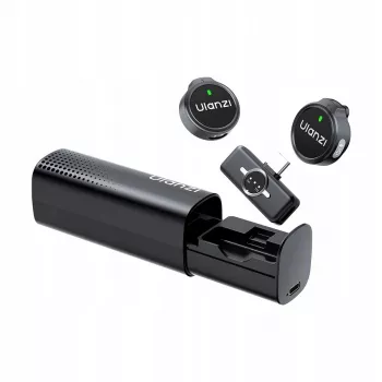 Zestaw bezprzewodowych mikrofonów krawatowych ULANZI A21 z etui ładującym, 2 nadajniki, odbiornik USB-C, zasięg 100 m, czarny