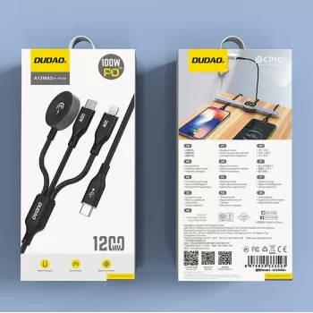 Dudao A12Max+ 3-in-1 Multi-Charging Cable USB-C do Lightning + USB-C + Apple Watch, 100W PD, 1,2m, Czarny