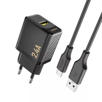 Dudao A23TEU 12W USB-A Ładowarka Sieciowa z Przewodem USB-A na USB-C 1m, Czarny