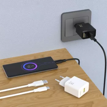 Dudao A23TEU 12W USB-A Ładowarka Sieciowa z Przewodem USB-A na USB-C 1m, Czarny