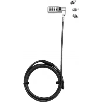 DICOTA Universal Security Cable Lock z 3 wymiennymi główkami, zamek szyfrowy, kabel 2 m, czarny