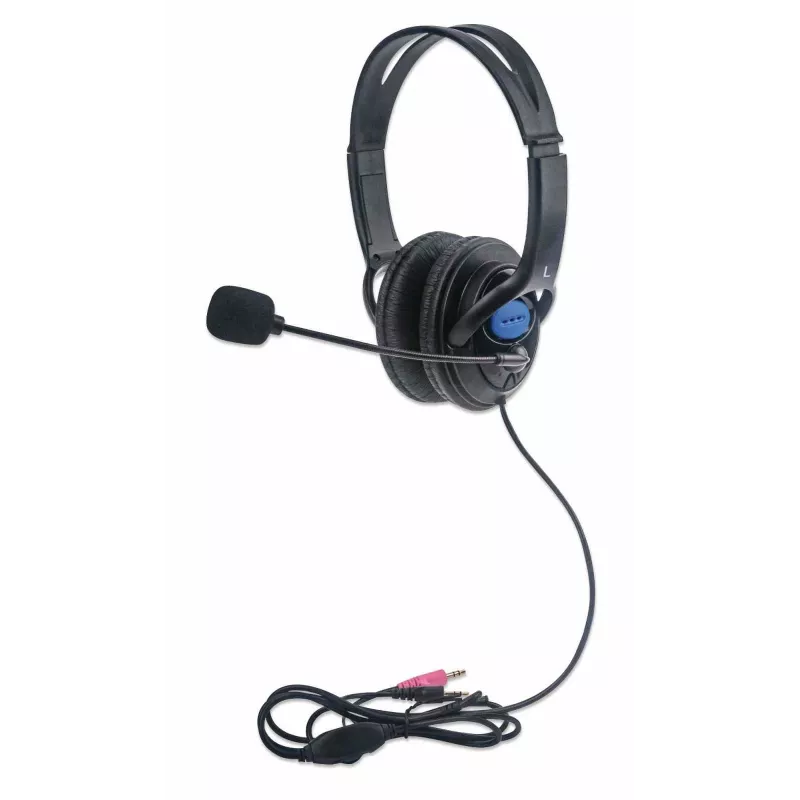 MANHATTAN Stereo Computer Headset with Microphone, Over-Ear, Wired, 40mm Drivers, 2m Cable, 2x 3.5mm Jack