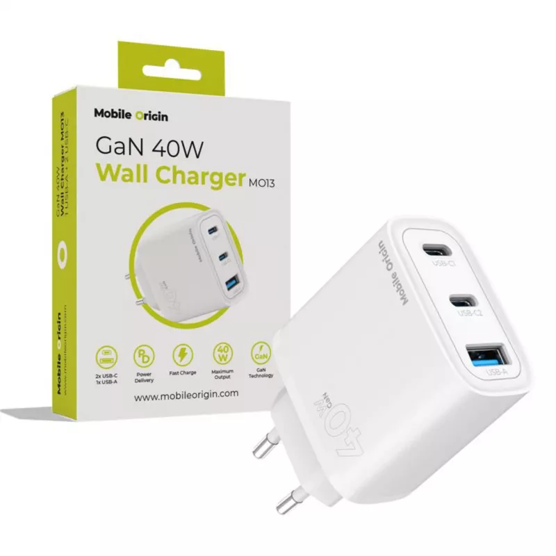 Ładowarka Mobile Origin 40W GaN MO13 Biała 1x USB-A + 2x USB-C