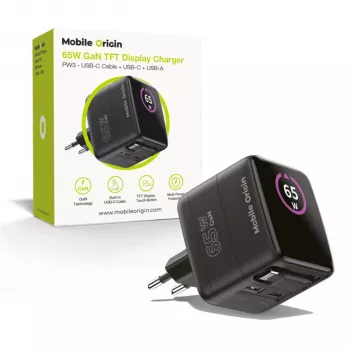 Ładowarka Mobile Origin 65W GaN PW3 z kablem USB-C zwijanym 65cm + USB-A Czarny