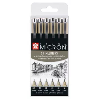Zestaw 6 piór Sakura Pigma Micron Fineliner, czarny