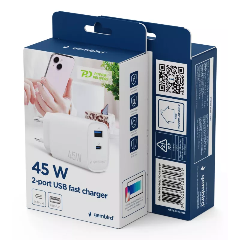 Gembird TA-UC-1A1C-PD45-01-W 45W USB-C PD Ładowarka ścienna Biała