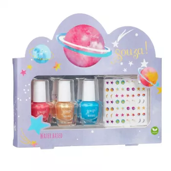 Zestaw lakierów do paznokci dla dzieci SOUZA! Galaxy - 3 wodne, zmywalne lakiery z naklejkami