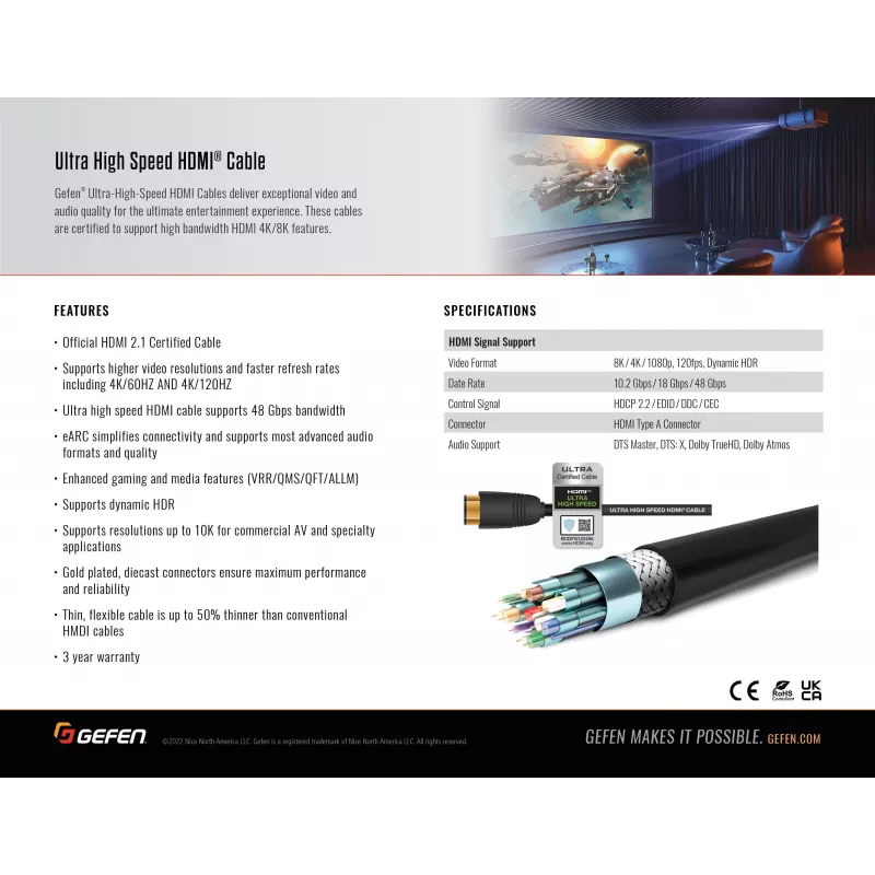 Gefen GEF-CAB-HS-HDMI-2M HDMI 2.1 Kabel 2m Czarny 48Gbps 3D