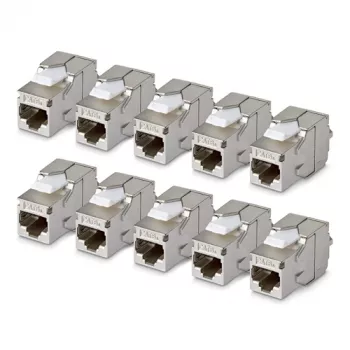 StarTech.com Ekranowany moduł Keystone Cat6a, 10 sztuk, złącze RJ45 Ethernet, STP gniazdo ścienne Cat6a, 180 stopni, beznarzędziowe, płaskie, srebrny