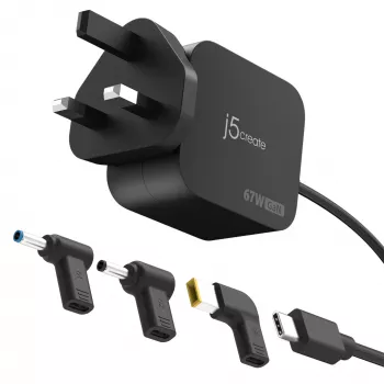 J5CREATE 67W GaN PD USB-C Mini Charger z 3 rodzajami złączy DC