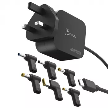 J5CREATE 67W GaN PD USB-C Mini Charger UK Plug z 6 złączami DC