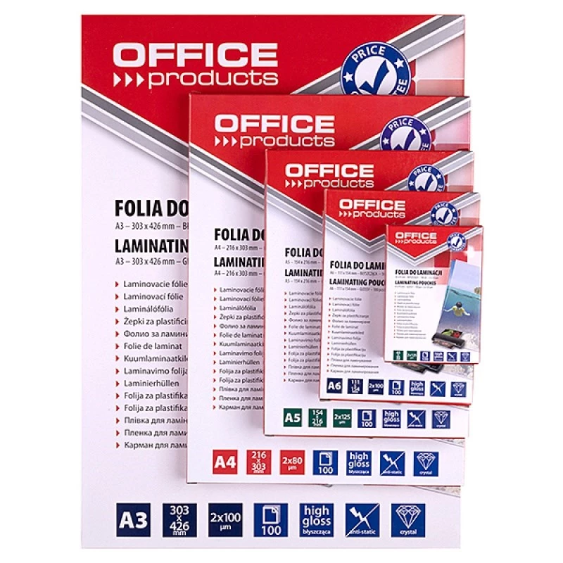 Folia do laminowania PBS CONNECT OFFICE PRODUCTS A3 2x80 mikronów błyszcząca 100 arkuszy przezroczysta