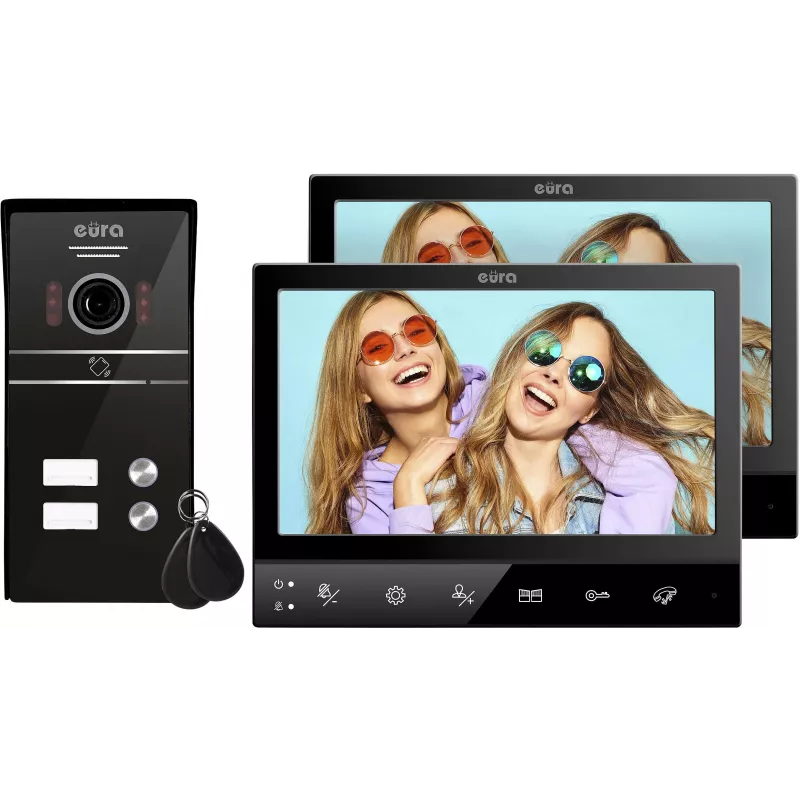 Eura VDP-80C5 Dwurodzinny System Wideodomofonowy, Czarny, 2x 7 inch LCD, FHD, 2 Wejścia, Kamera 1080p, Czytnik RFID, Montaż Natynkowy