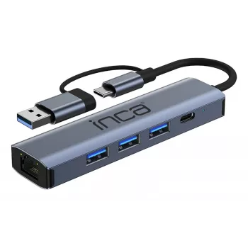 INCA Hub IUTP-5T USB-C/A do 3x USB-A 3.0 / RJ45 5 Gbit/s Szary