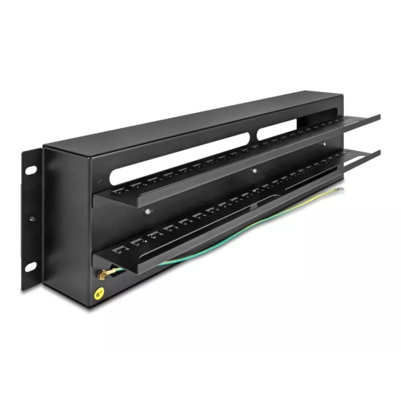 DELOCK 19 inch Panel rozdzielczy z wyłącznikami nadprądowymi z pokrywą i szyną DIN, w tym 2x szyny odciążające kable, 3U, stal czarna