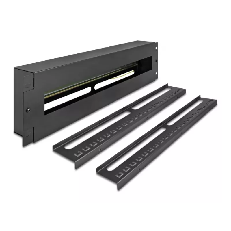 DELOCK 19 inch Panel rozdzielczy z wyłącznikami nadprądowymi z pokrywą i szyną DIN, w tym 2x szyny odciążające kable, 3U, stal czarna