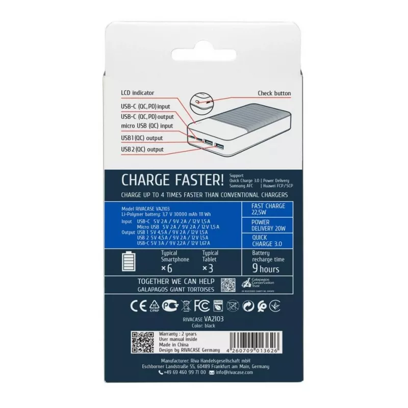 Rivacase VA2103 Power Bank 30000 mAh 22.5W Czarny