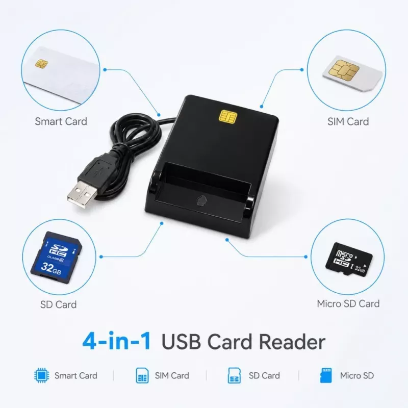 iLike 4-w-1 USB Czytnik Kart Smart z Obsługą SIM, SD i Micro SD, Czytnik CAC do Kart ID, Kart Bankowych, eID i Kart Pamięci Czarny