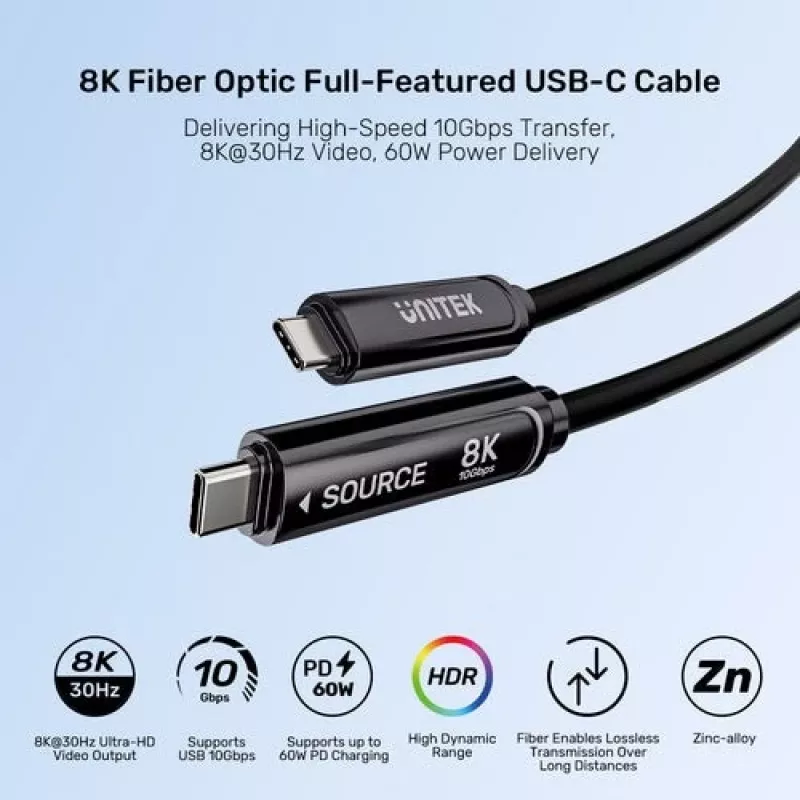 UNITEK USB-C Active Optical Cable 5m - 10Gbps, PD 60W, 8K@30Hz, Czarny