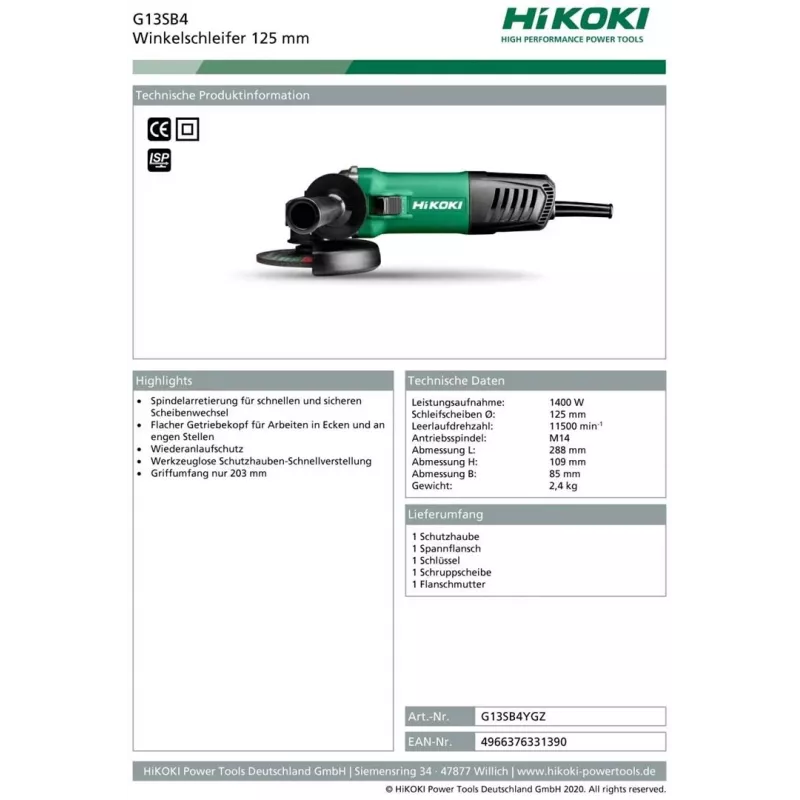 Hikoki G13SB4YGZ szlifierka kątowa 3.1 kg