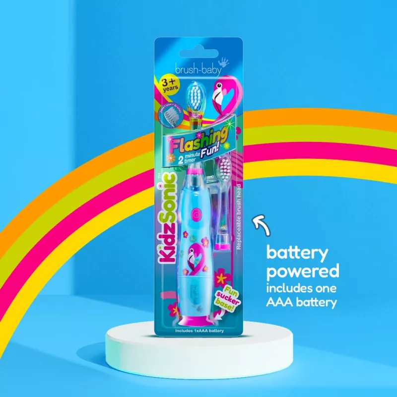 BRUSH-BABY Kidz Sonic Electric Toothbrush for Children Ages 3+ Flamingo