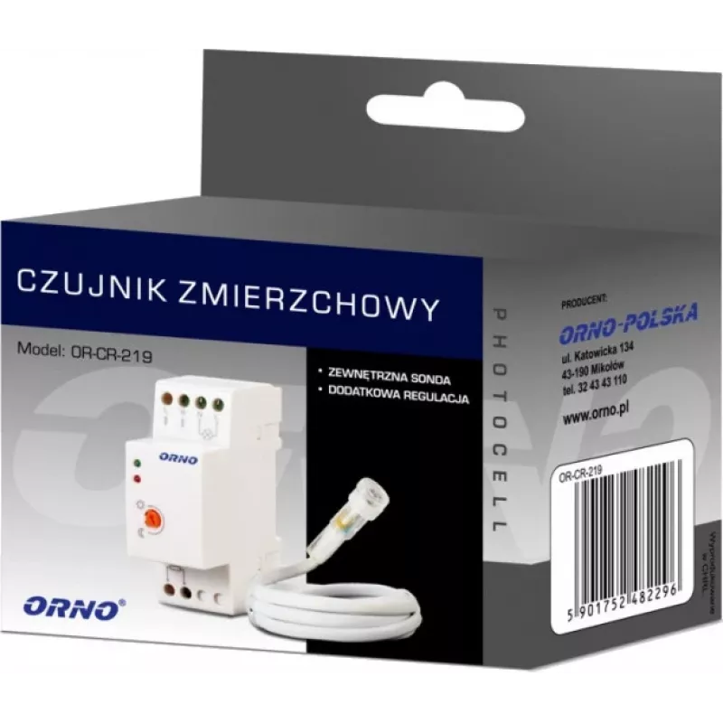 ORNO OR-CR-219 Czujnik zmierzchowy na szynę DIN z zewnętrzną fotokomórką, 230V AC, 10A, 2-100 Lux