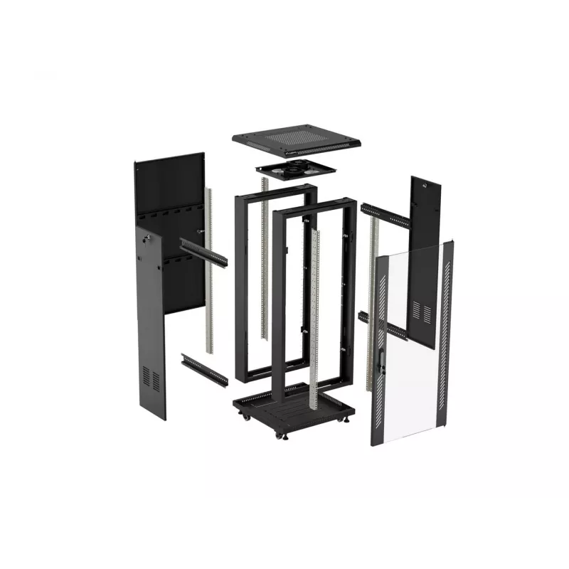 Lanberg 19 cali 18U 600x600 Czarna wolnostojąca szafa rackowa z drzwiami szklanymi (Flat Pack)
