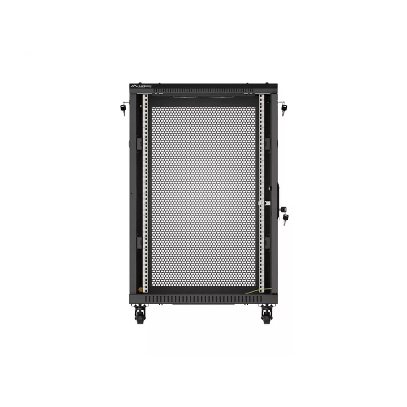 Lanberg 19 cali 18U 600x600 Czarna szafa rack stojąca z perforowanymi drzwiami (w zestawie do samodzielnego montażu)