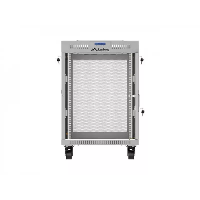 Lanberg 19 cali 15U 600x800 Szafa rack stojąca, szara, z drzwiami perforowanymi i panelem LCD (płaska paczka)