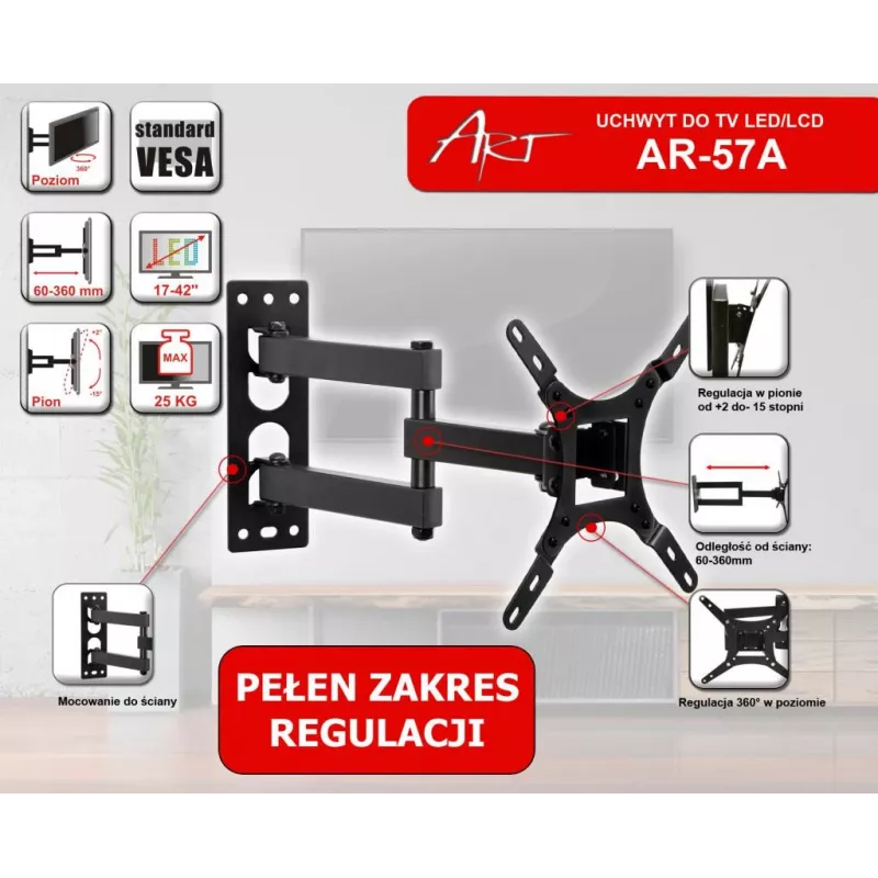 ART AR-57A Fixed TV Wall Mount for LED/LCD 17-42 inch Black