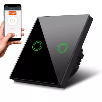 MACLEAN MCE714B Wifi 2-Fold Touch Light Switch, Black, Tempered Glass, Works with Alexa/Google Assistant