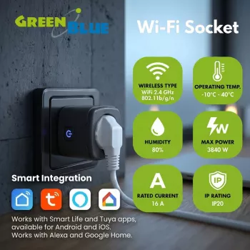 GreenBlue Zdalnie Sterowane Gniazdo WiFi, Android/iOS/Alexa/Google Home, Timer, Watomierz, Max 16A/3840W, GB735 B