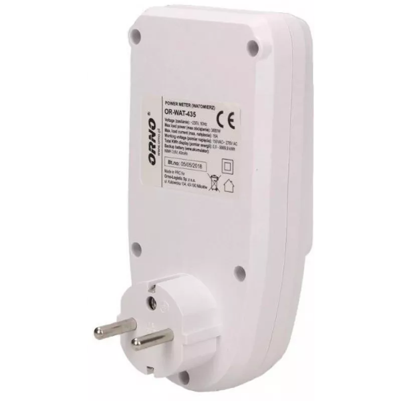 ORNO OR-WAT-435 Cyfrowy licznik energii z wyświetlaczem LCD, 230V, 16A, 3680W, wtyczka typu F