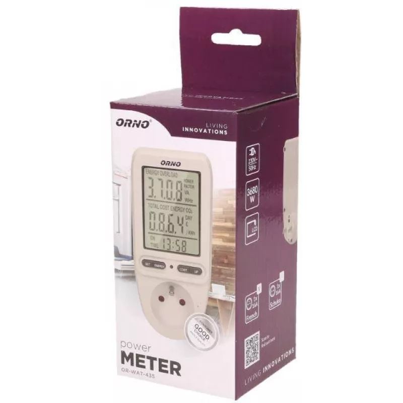ORNO OR-WAT-435 Cyfrowy licznik energii z wyświetlaczem LCD, 230V, 16A, 3680W, wtyczka typu F