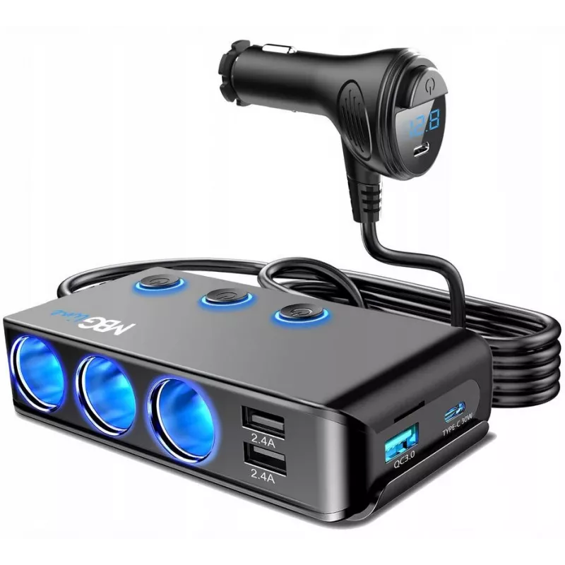 MBG Line HC67C Rozgałęźnik podwójnej gniazda zapalniczki samochodowej z 3 portami USB-A, 120 W, czarny