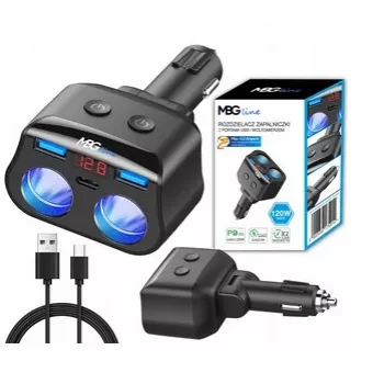 MBG Line HC69PD 3-drożna rozdzielacz zapalniczki samochodowej z 2x USB-C PD 30W i 2x USB-A QC 3.0, wyświetlaczem napięcia LED, 180W