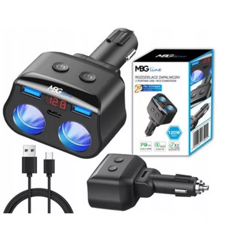 MBG Line HC69PD 3-drożna rozdzielacz zapalniczki samochodowej z 2x USB-C PD 30W i 2x USB-A QC 3.0, wyświetlaczem napięcia LED, 180W