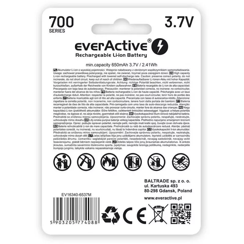 EVERACTIVE 16340 3.7V 700mAh Akumulator Li-ion z Zabezpieczeniem (1 szt.)