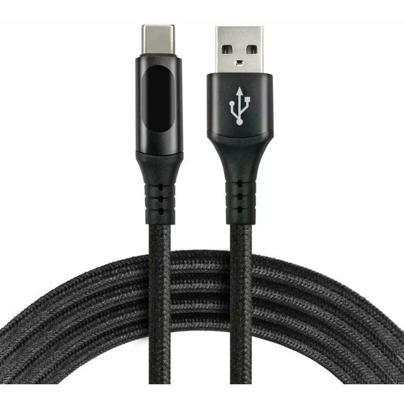 EVERACTIVE USB-A do USB-C Kabel z Wyświetlaczem LCD, 2m, 3A, 60W PD, Pleciony Nylon, Czarny