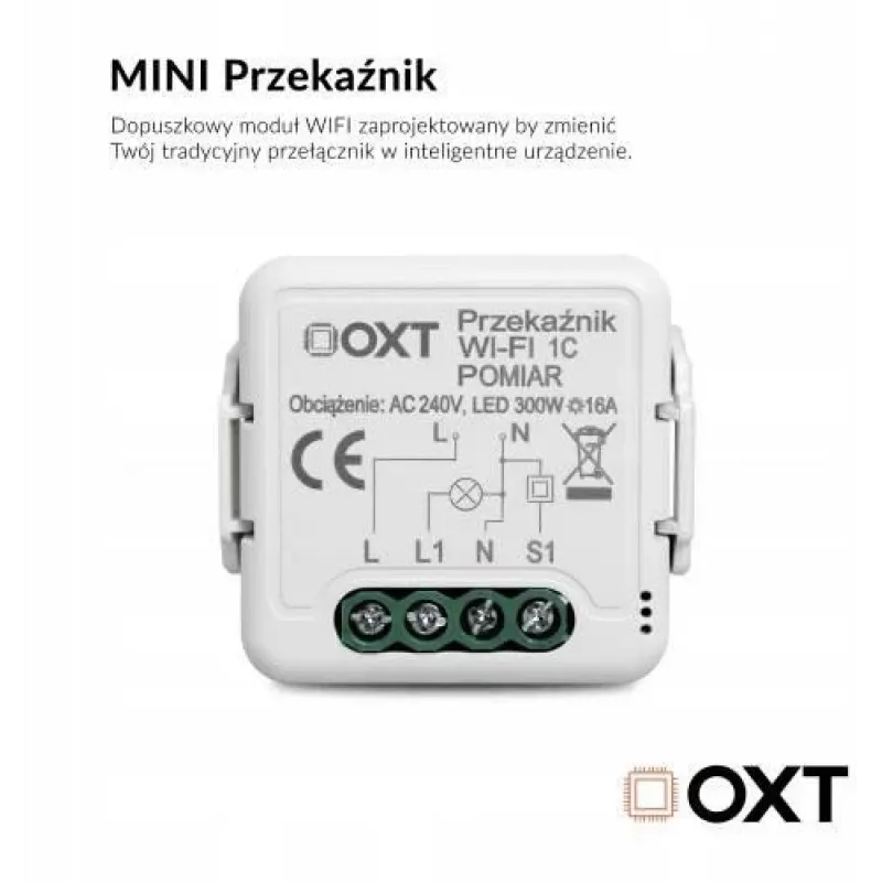 Moduł przekaźnika Wi-Fi OXT T220P, 1 obwód, 16 A, pomiar zużycia energii, Tuya