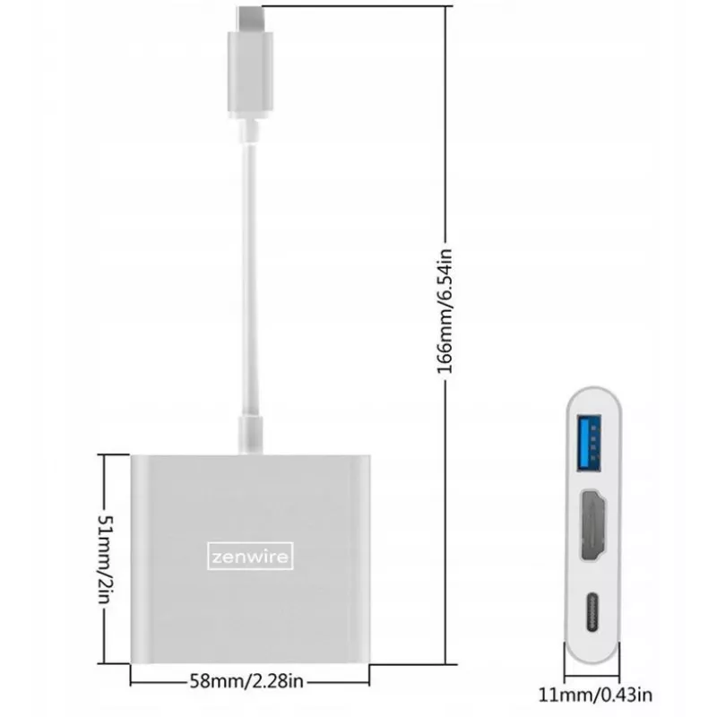 ZENWIRE BYL-2008N 3-w-1 MHL Hub USB-C na HDMI 4K Adapter, Space Gray