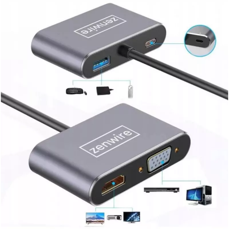 ZENWIRE USB-C Multiport Adapter Hub 4-in-1 HDMI 4K VGA USB-A Space Gray BYL-2310